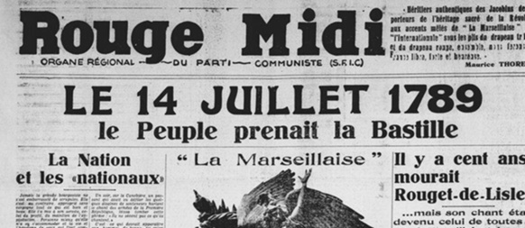 La Marseillaise, organe du Front National de la Résistance, devient quotidien du PCF en 1947, à la disparition de l'organe de celui-ci, Rouge Midi. Ici, numéro de juillet 1936.