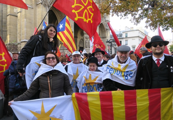 Le  30 novembre dernier aux alentours du Ministère de l'Education, les défenseurs de l'enseignement des langues de France manifestent ensemble. Cette unité semble nécessaire en régions pour obtenir le rétablissement des cours perdus du fait de la Réforme Blanquer (photo MN)