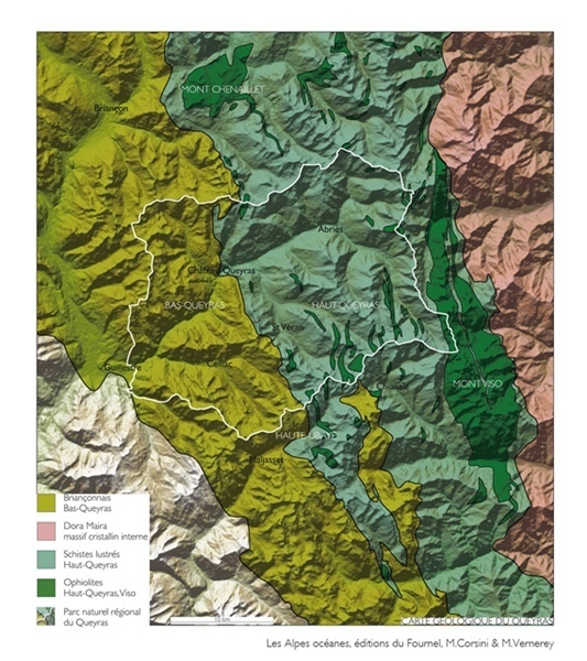 Les traces de l'ancien océan sur la carte géologique (image Michel Corsini et Mathieu Vernerey)