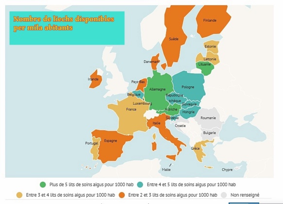 Nombre de "lits de soins aigus" en Union Européenne. Une disparité flagrante qui signe le niveau de préparation des Etats (photo Eurostat DR)