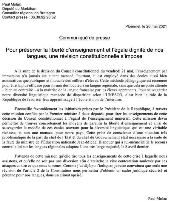 Le communiqué de Paul Molac Le communiqué de Paul Molac