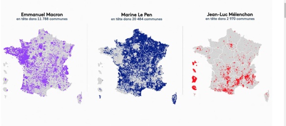 Le vote territorial des électeurs de Emmanuel Macron, Marine Le Pen et Jean-Luc Mélenchon au premier tour de l'élection présidentielle 2022 (photo France Infos DR) Le vote territorial des électeurs de Emmanuel Macron, Marine Le Pen et Jean-Luc Mélenchon au premier tour de l'élection présidentielle 2022 (photo France Infos DR)