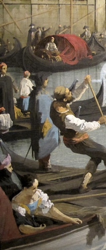 Le Bucentaure de retour au môle (1731-32). Dans ces mémoires, Casanova qualifie de grotesque cette cérémonie de l'Ascension, symbolisant l'osmose des Doges avec la mer nourricière. Canaletto choisit de représenter le peuple de Venise, qu'il met au premier plan, reléguant la cérémonie officielle au rang de décor (Durham, UK, The Bowes Museum)