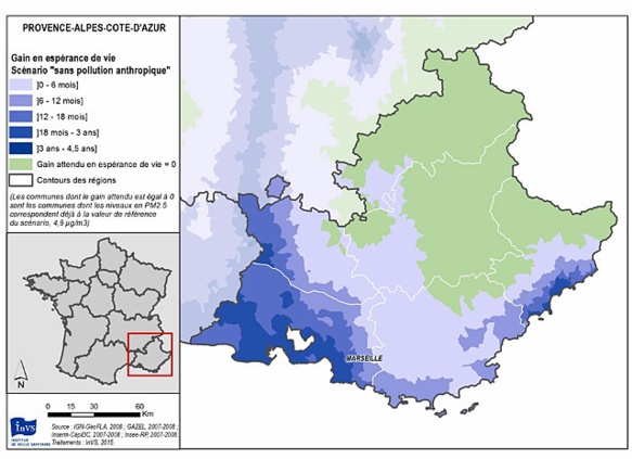 Selon EQIS le nombre de mois d'espérance de vie gagnée selon la région, si la pollution anthropique était réduite à zéro.