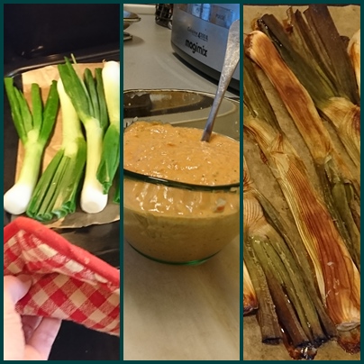 1- enfourner pour 35 mn four 1985°, 2 - mixer ou monter la sauce à base de tomates, poivron, amandes, huile d'olive, vinaigre et ail; "3 - une fois les calçots noir au milieu, trempez et mangez...(photo MN) 1- enfourner pour 35 mn four 1985°, 2 - mixer ou monter la sauce à base de tomates, poivron, amandes, huile d'olive, vinaigre et ail; "3 - une fois les calçots noir au milieu, trempez et mangez...(photo MN)