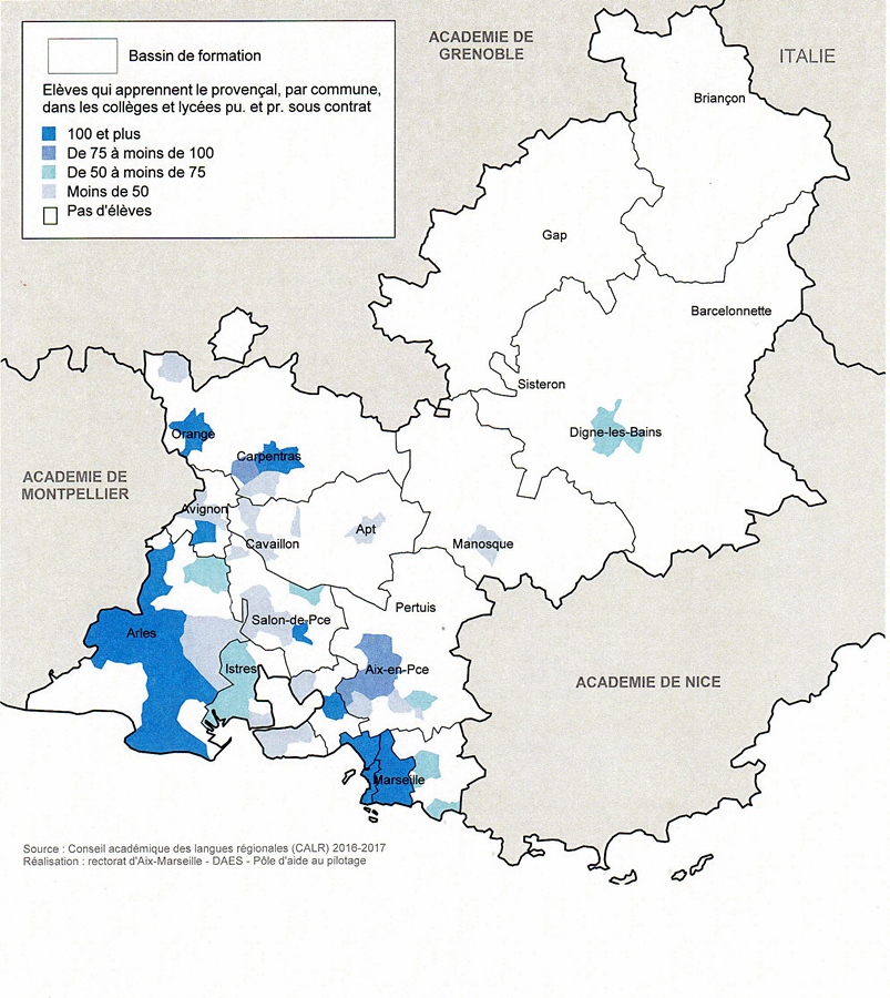 Source : Rectorat Aix-Marseille. A noter le désert alpin de l'enseignement de l'occitan, où pourtant la langue est la plus vive encore