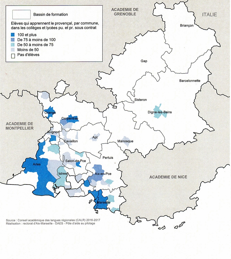 Source : Rectorat Aix-Marseille. A noter le désert alpin de l'enseignement de l'occitan, où pourtant la langue est la plus vive encore Source : Rectorat Aix-Marseille. A noter le désert alpin de l'enseignement de l'occitan, où pourtant la langue est la plus vive encore