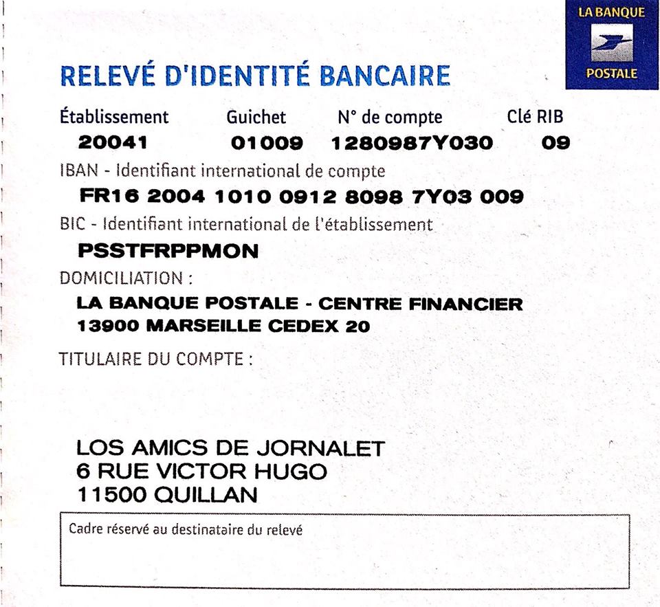 Pour envoyer un chèque de don aux Amis de Jornalet Pour envoyer un chèque de don aux Amis de Jornalet