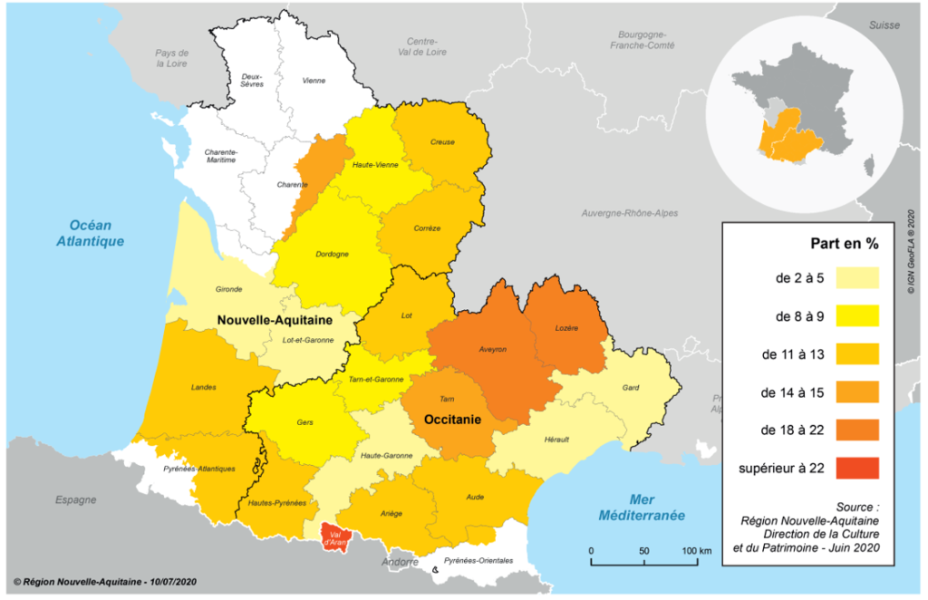 C'est au nord est de l'Occitanie-Région que les personnes déclarant parler occitan sont les plus nombreuses (source OPLO DR)