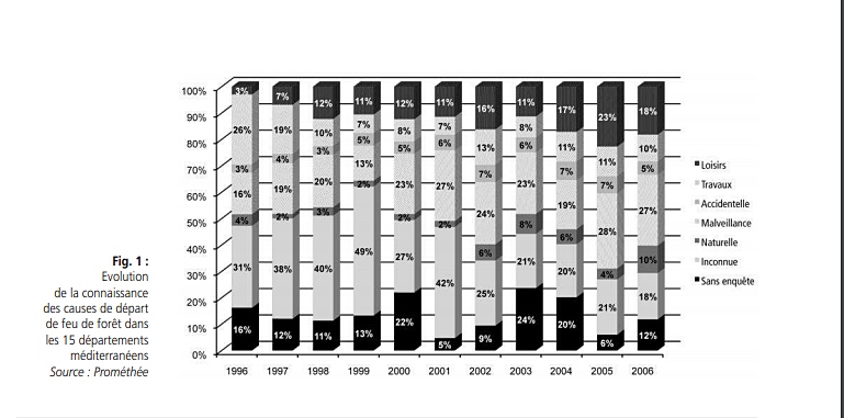 La statistique montre qu'entre 1996 et 2006 les régions méditerranéennes occitanes, catalanes et corses ont d'abord pâti des imprudences, notamment liées aux loisirs, et après seulement d'actes malveillants. Cependant pour une grande partie des incendies on n'a jamais identifié la cause (photo Prométhée DR)