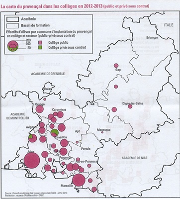 Sans commentaires. Le provençal dans les collèges se porte mieux dans les départements les plus urbanisés. Dans les Alpes il en va tout autrement (photo MN)