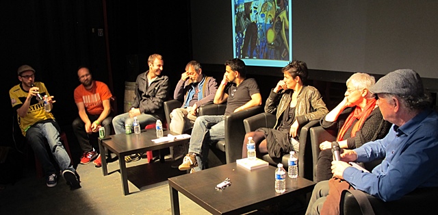 Camille Martel, Stefano Degoianni, Silvan Chabaud, Tatou, Méderic Gasquet, Mélodie Perrin, Magali Bizot et Patrick Meyer lors du débat (photo MN)