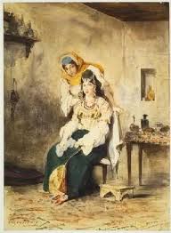 Eugène Delacroix : Saada la femme de Abraham Benchimol et Preciada une de leurs filles, peint au Maroc en 1832. Les peintres, après les campagnes napoléoniennes et jusqu'aux décolonisations, allaient faire provision d'anecdotes au sud de la Méditerranée  (MET NY DR)
