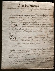 Ici, un extrait manuscrit du dictionnaire de Simon Jude Honorat ("Instructions relatives à la construction de mon dictionnaire provençal")