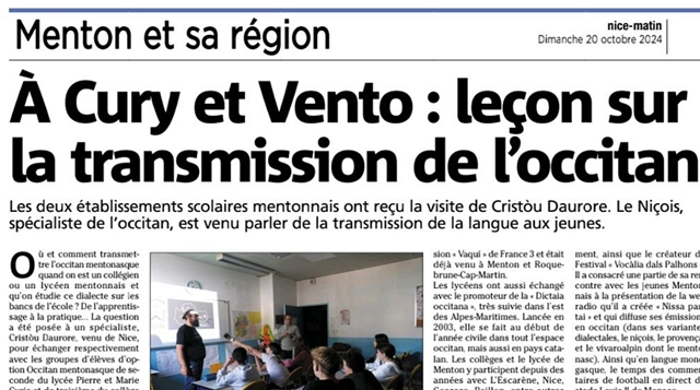 Vue partielle de l'article de Nice Matin. Féclicitations à nos confrères pour cette mise en valeur du travail des profs d'occitan ! Vue partielle de l'article de Nice Matin. Féclicitations à nos confrères pour cette mise en valeur du travail des profs d'occitan !